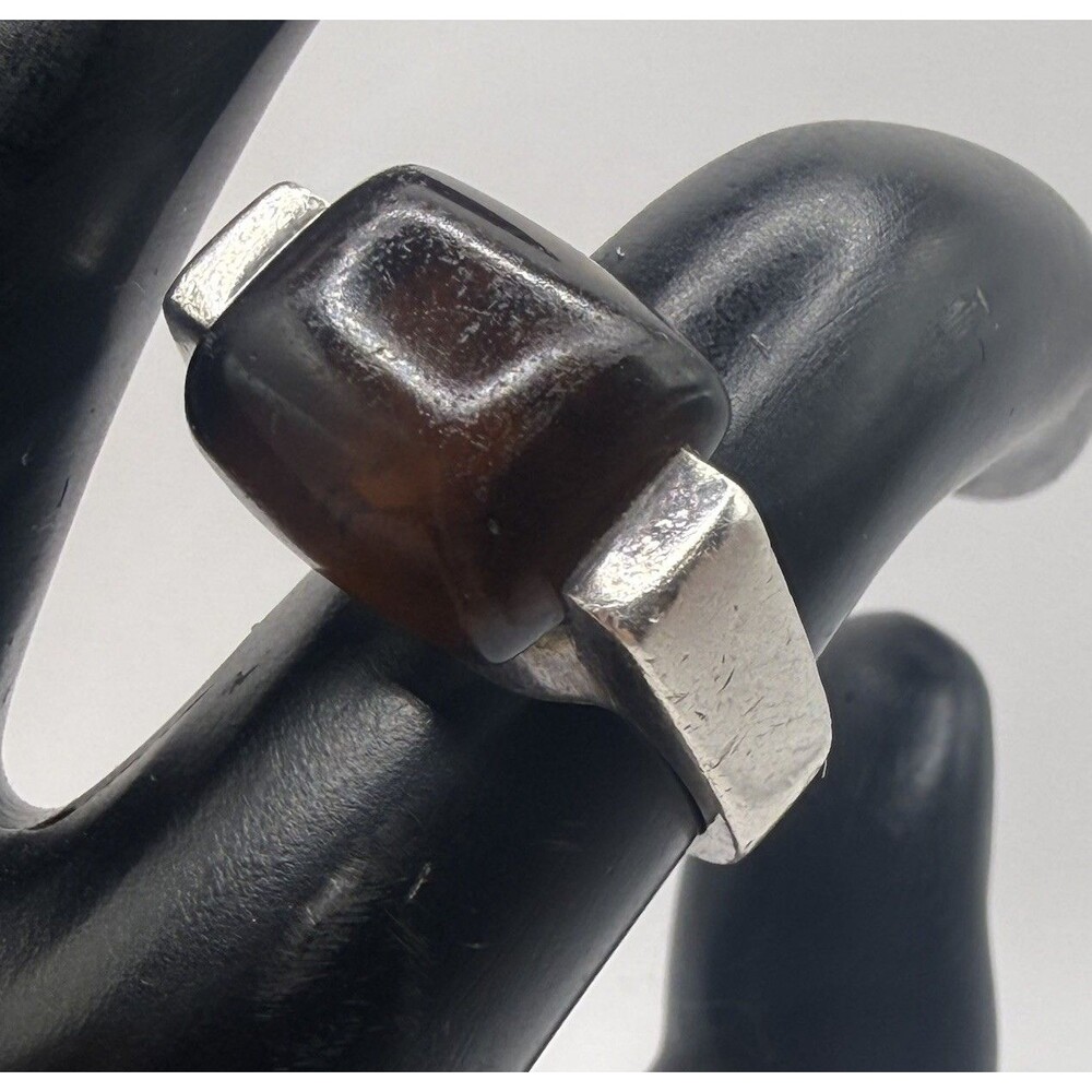 925 Sterling Silver Amber Ring Size 6.25 Vintage Modernist Dark Brown Statement